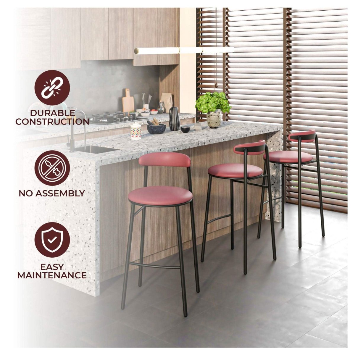 Lume Series Modern Bar Stool Upholstered in Leather for Dining Room and Kitchen