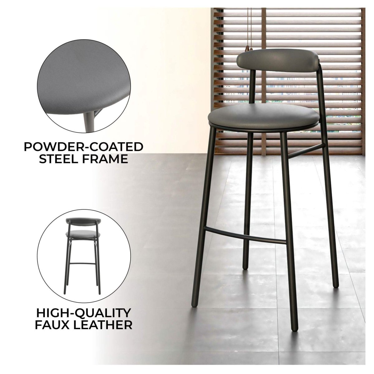 Lume Series Modern Bar Stool Upholstered in Leather for Dining Room and Kitchen
