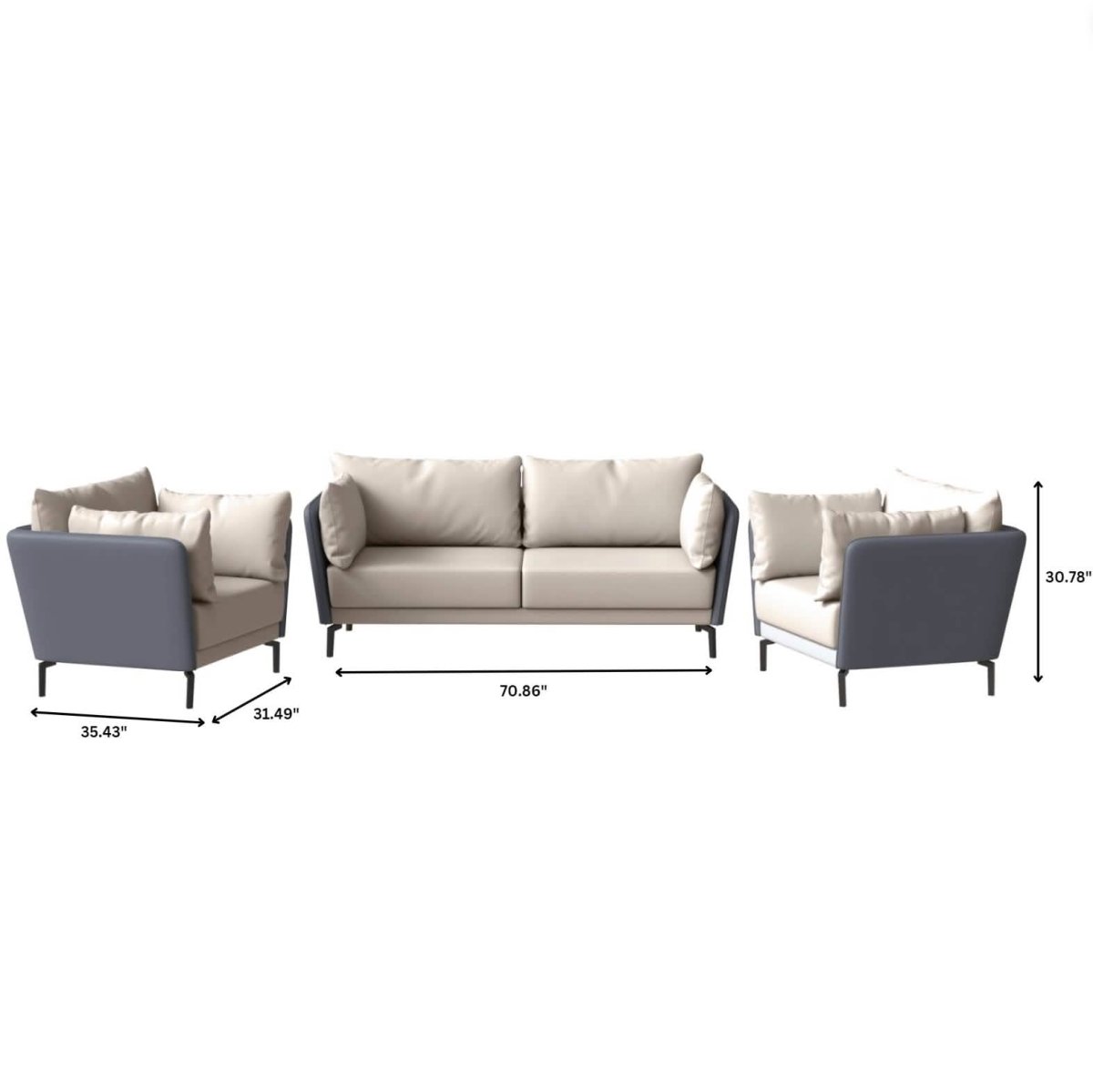 Luxify 3 - Piece Leather Sofa Set with Stainless Steel Legs and Removable Cushions