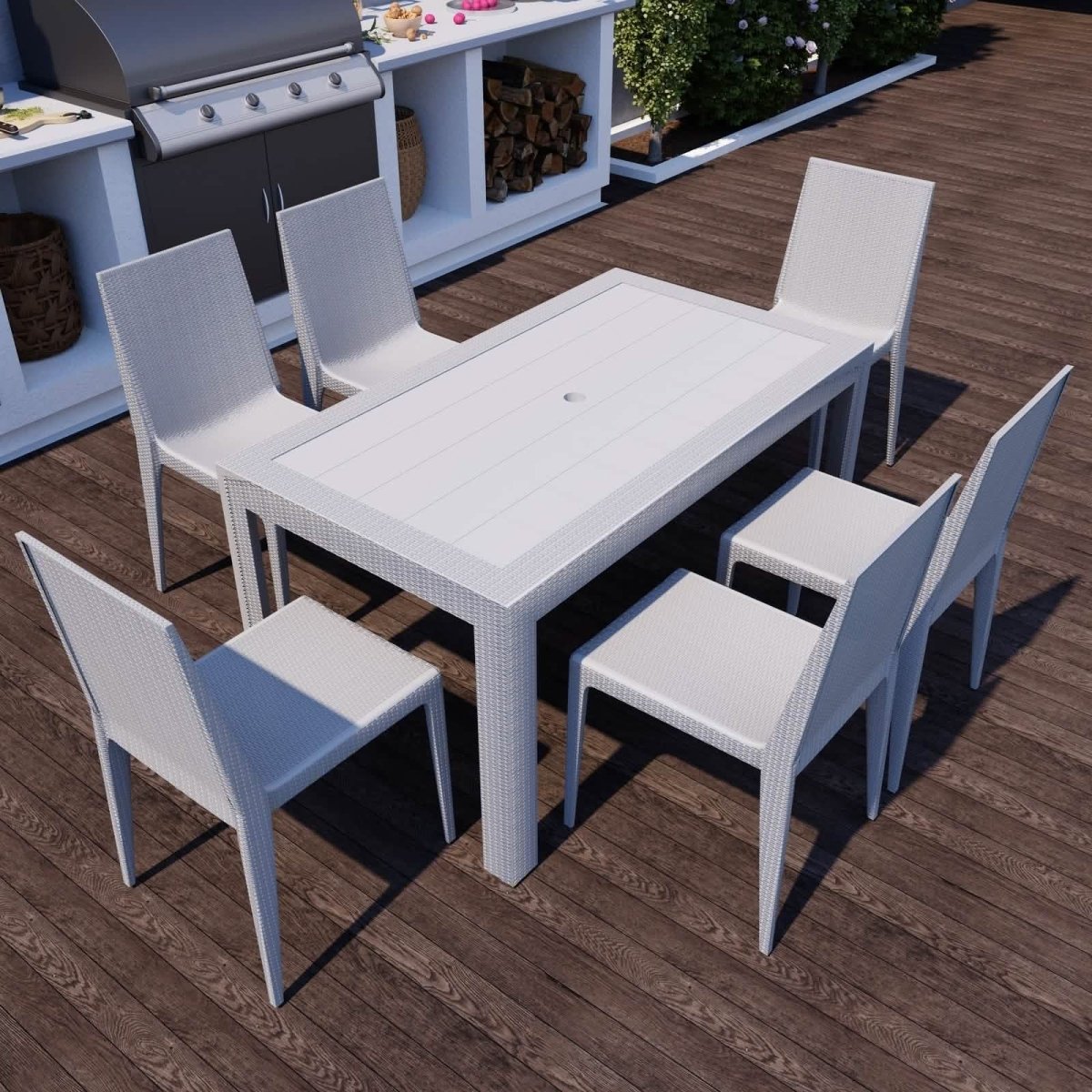 Mace Mid-Century 7-Piece Outdoor Dining Set White and Brown Dining Set Leisuremod