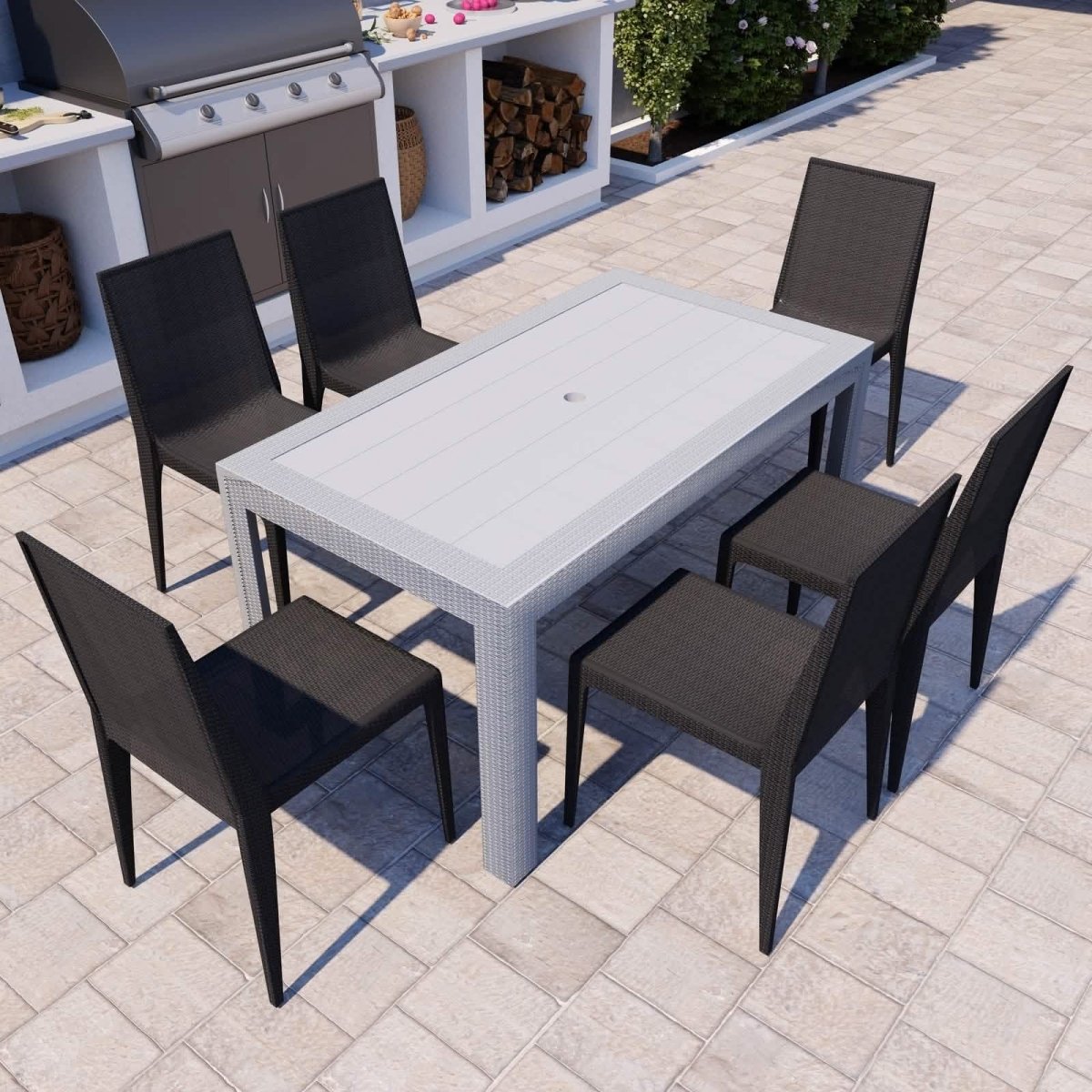 Mace Mid-Century 7-Piece Outdoor Dining Set White and Brown Dining Set Leisuremod