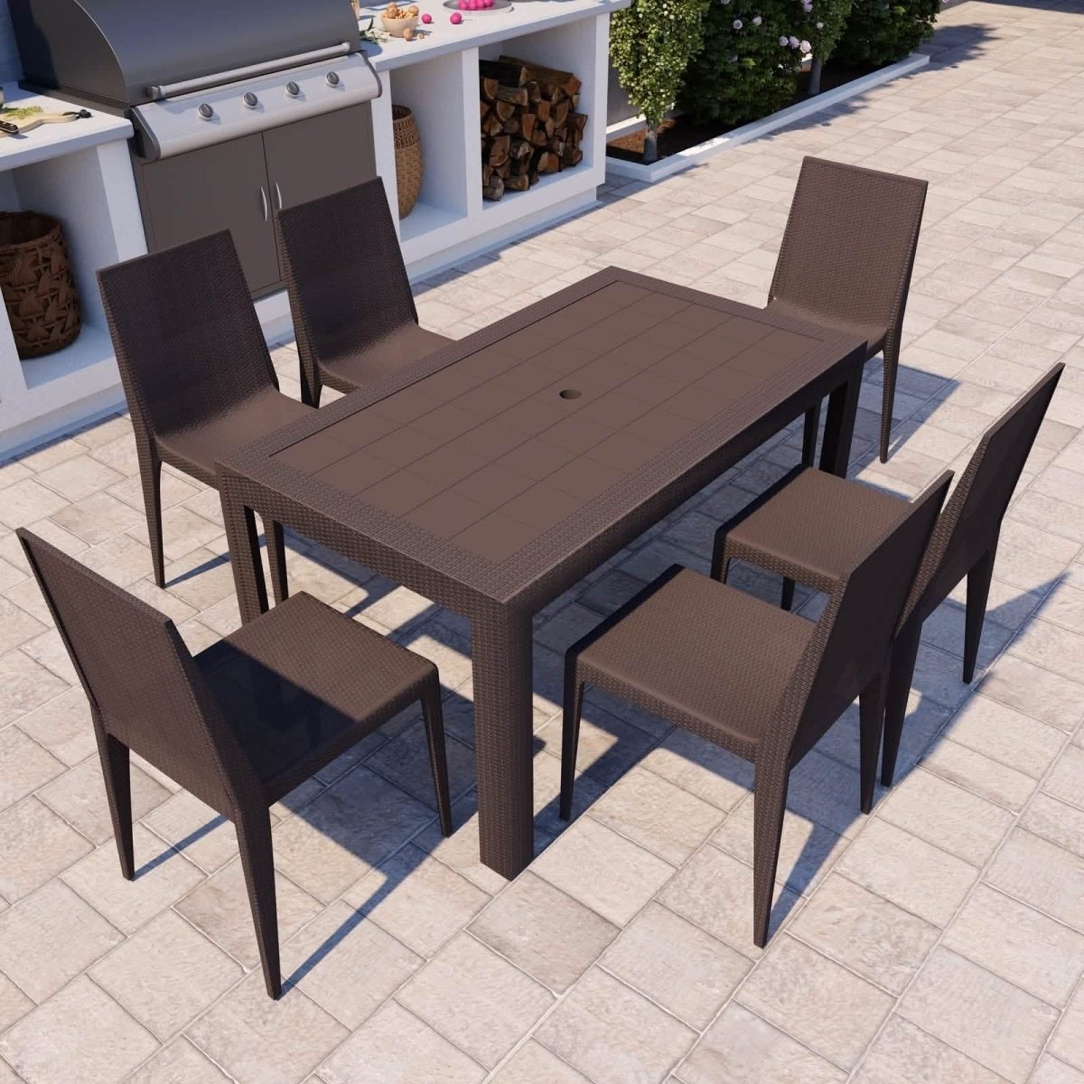Mace Mid-Century 7-Piece Outdoor Dining Set White and Brown Dining Set Leisuremod