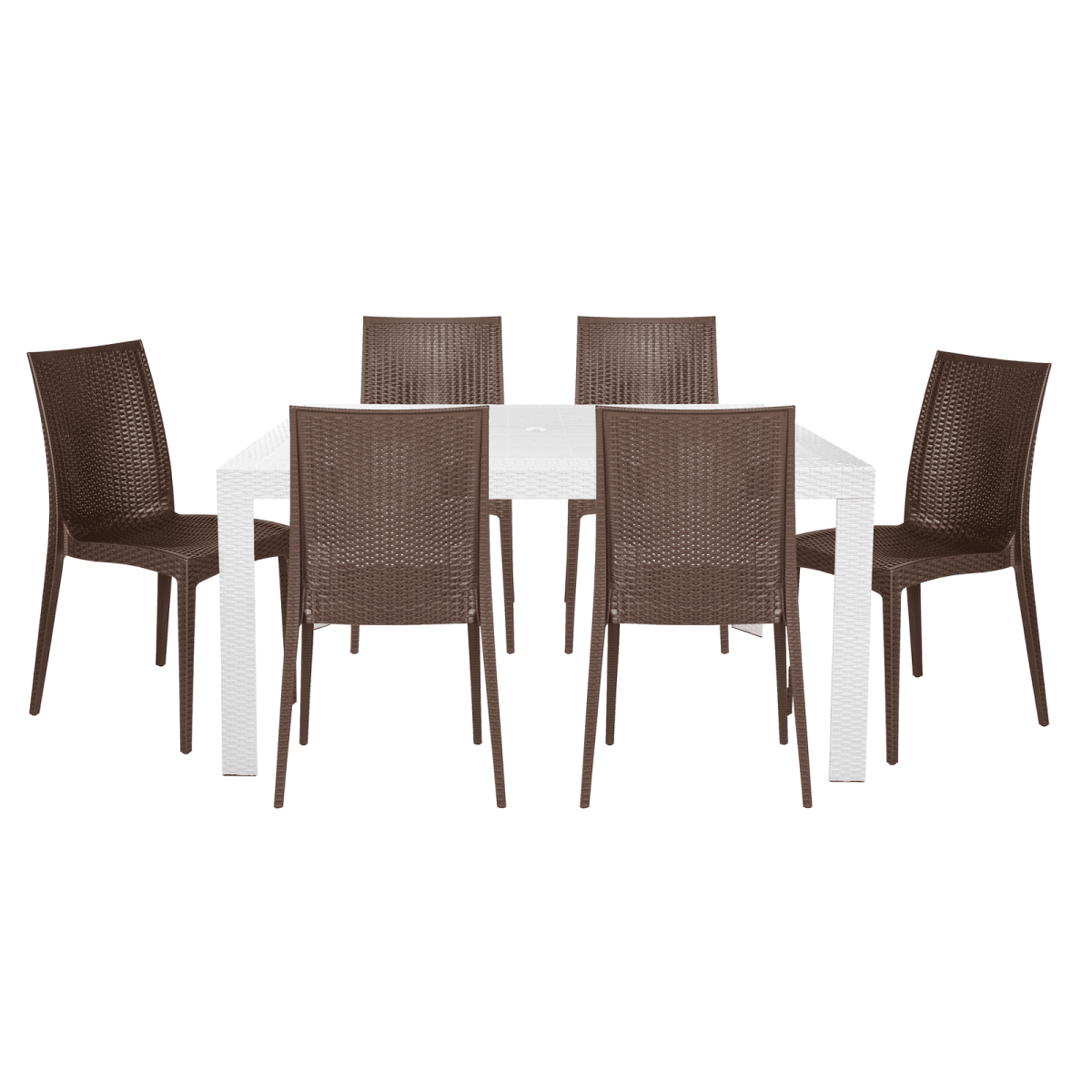 Mace Mid-Century 7-Piece Outdoor Dining Set White and Brown Dining Set Leisuremod