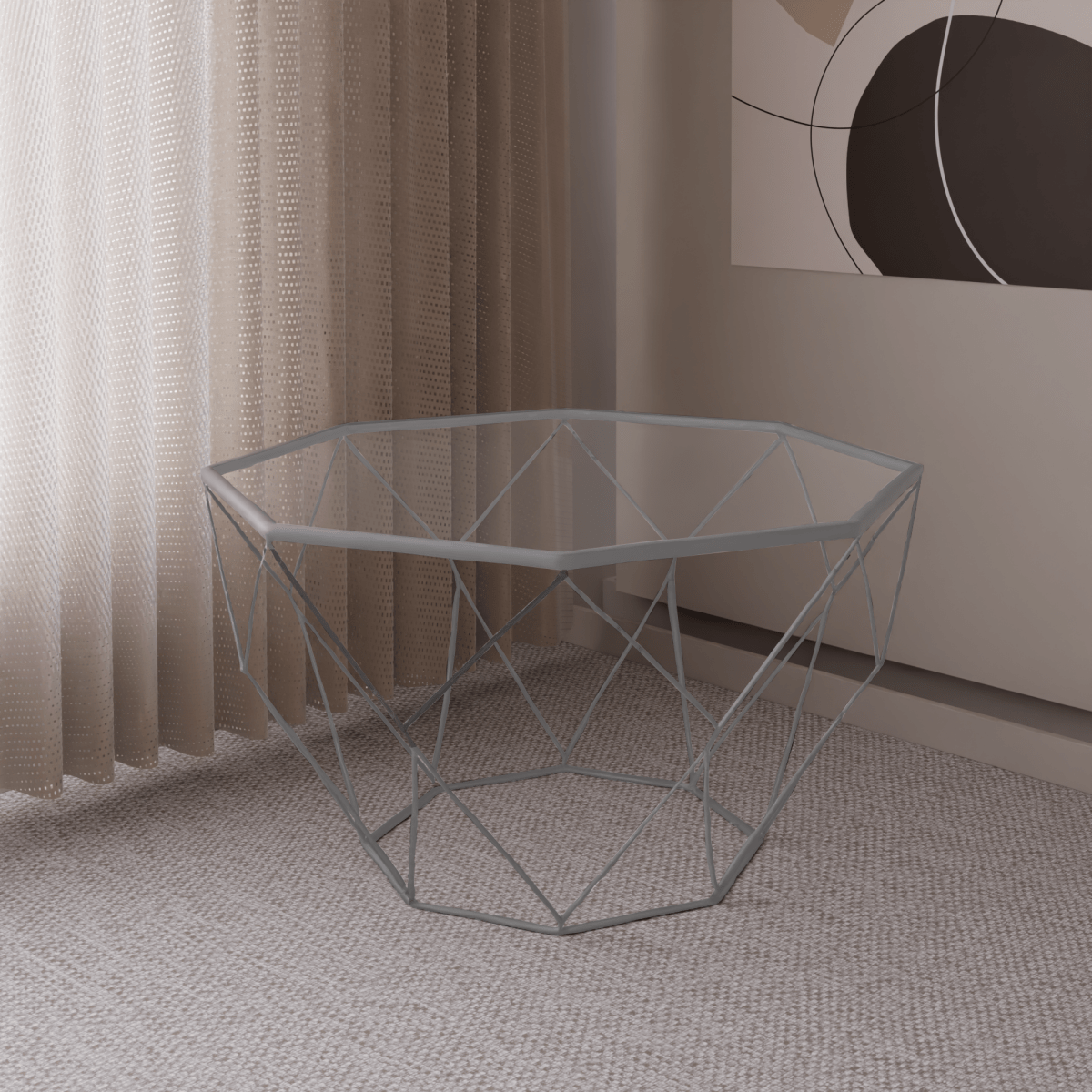 Malibu Octagon Coffee Table with Glass Top and Geometric Metal Base