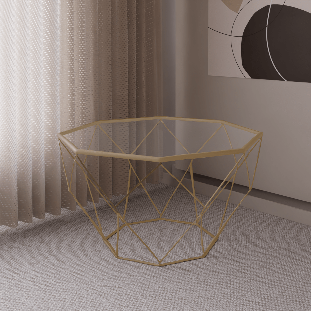Malibu Octagon Coffee Table with Glass Top and Geometric Metal Base
