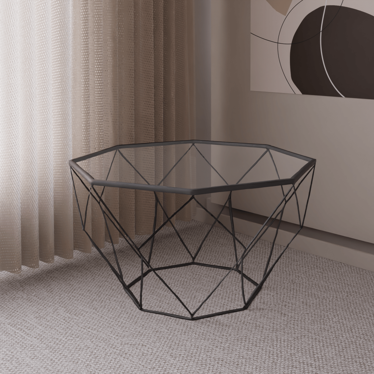 Malibu Octagon Coffee Table with Glass Top and Geometric Metal Base