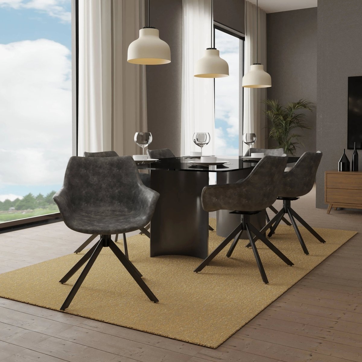 Markley Leather Swivel Dining Armchair with Black Iron Base Set of 4