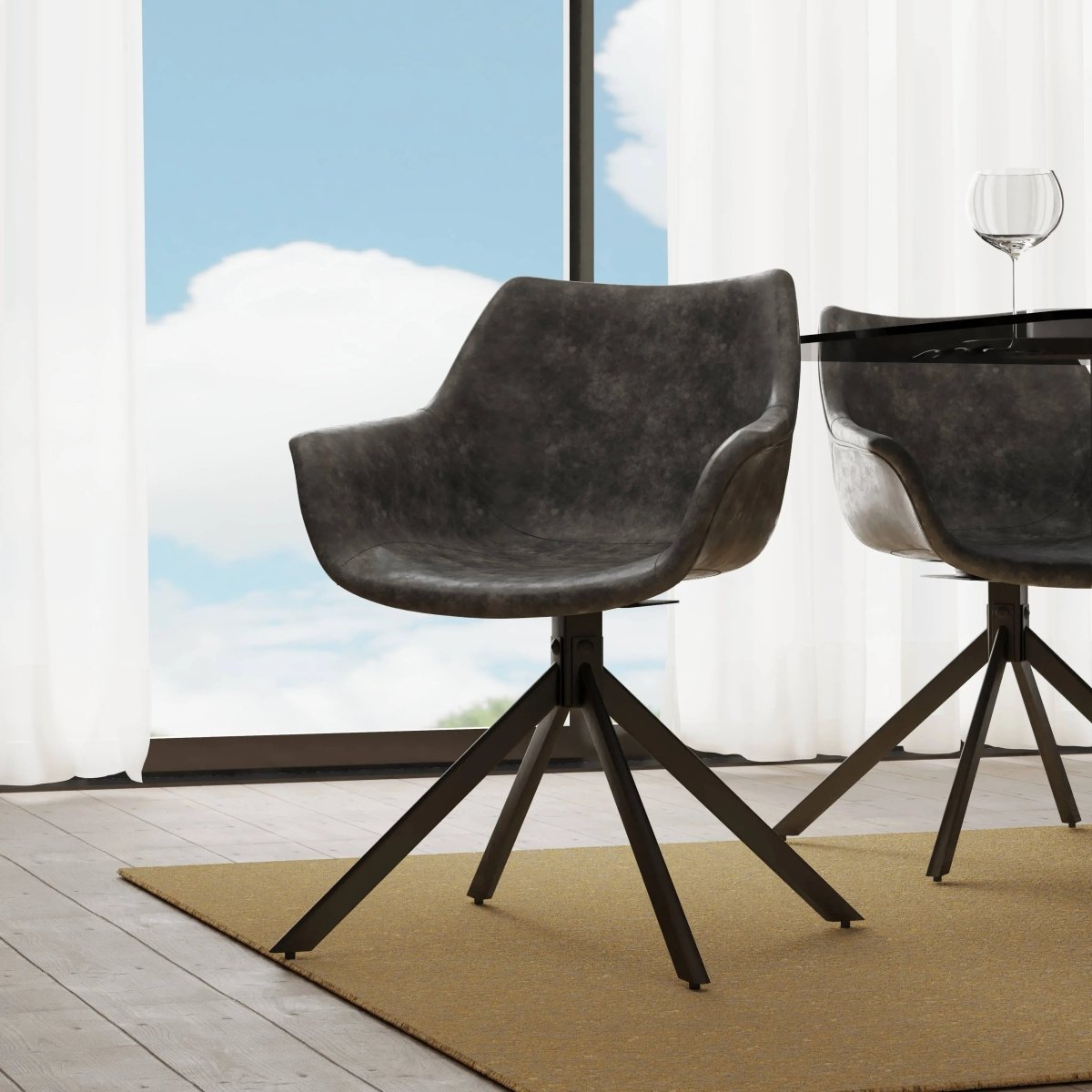 Markley Leather Swivel Dining Armchair with Black Iron Base Set of 4