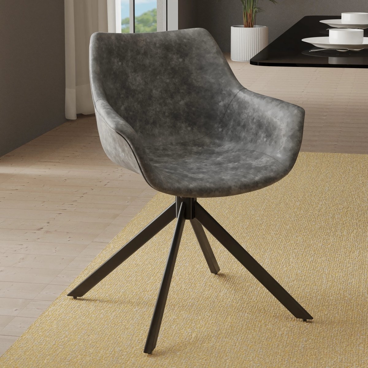 Markley Leather Swivel Dining Armchair with Black Iron Base Set of 4