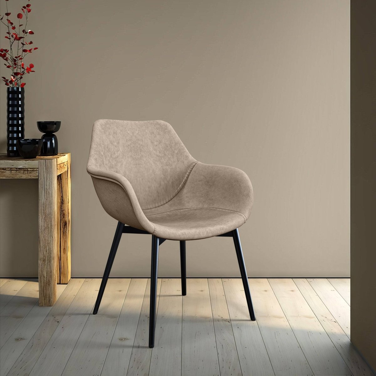 Markley Modern Leather Dining Arm Chair With Black/Gold Metal Legs