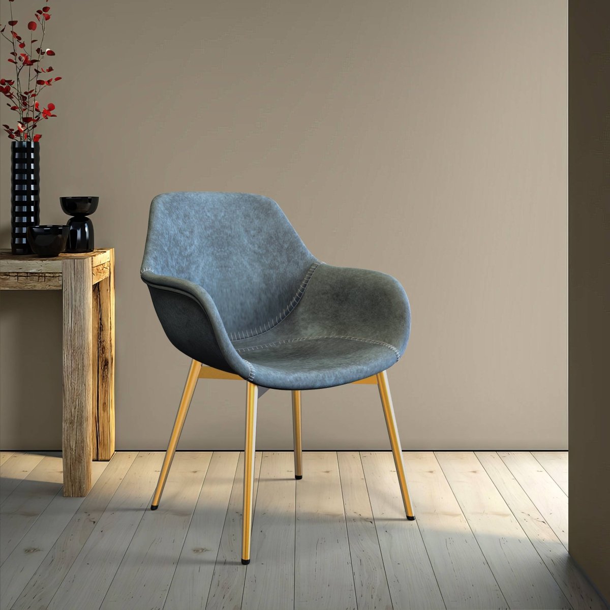Markley Modern Leather Dining Arm Chair With Black/Gold Metal Legs
