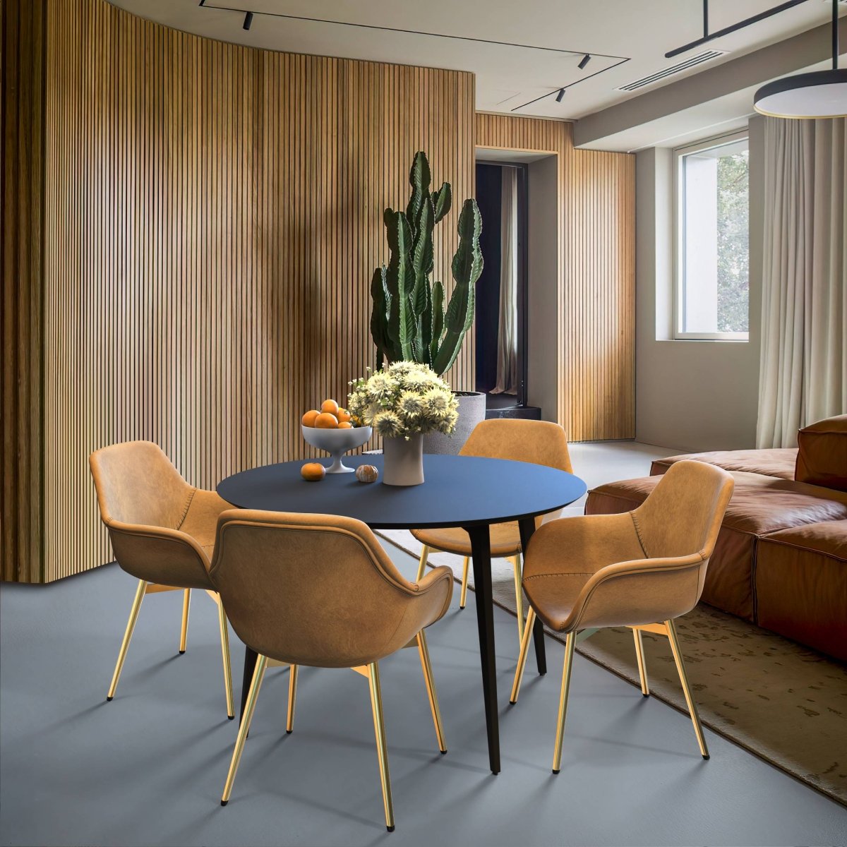 Markley Modern Leather Dining Arm Chair With Black/Gold Metal Legs