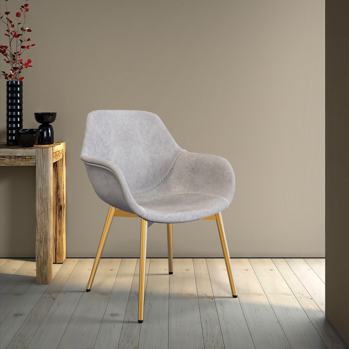 Markley Modern Leather Dining Arm Chair With Black/Gold Metal Legs