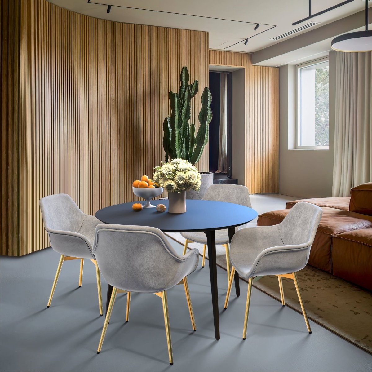 Markley Modern Leather Dining Arm Chair With Black/Gold Metal Legs