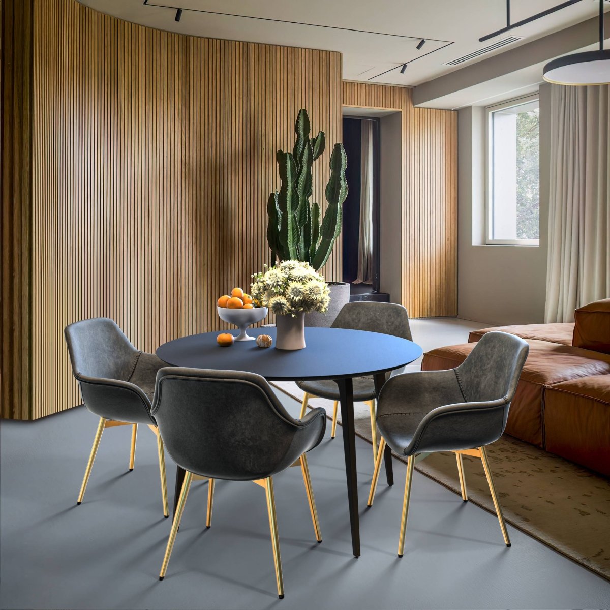 Markley Modern Leather Dining Arm Chair With Black/Gold Metal Legs