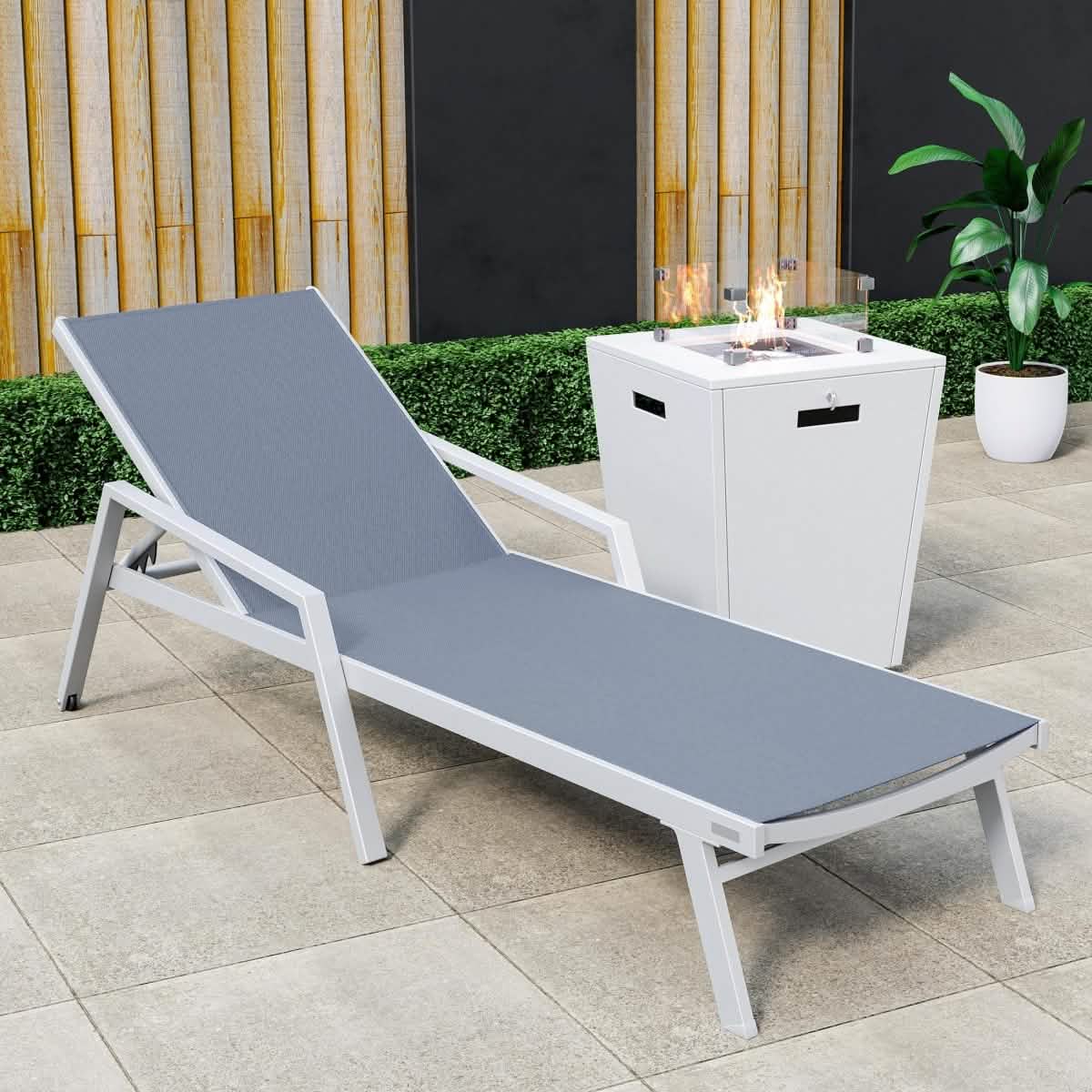Marlin Aluminum Outdoor Chaise Lounge Chair with a Square Fire Pit Table
