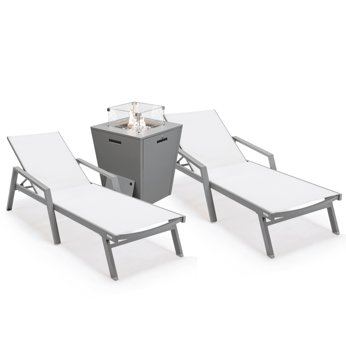Marlin Modern Grey Aluminum Outdoor Chaise Lounge Chair Set of 2 With Arms and Square Fire Pit Side Table for Patio