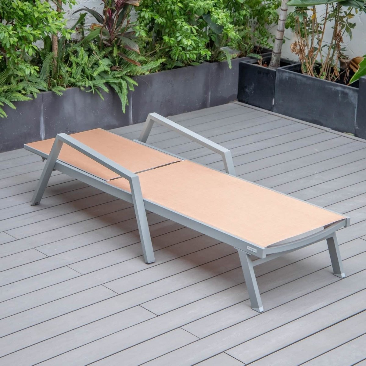 Marlin Modern Grey Aluminum Outdoor Chaise Lounge Chair Set of 2 With Arms and Square Fire Pit Side Table for Patio