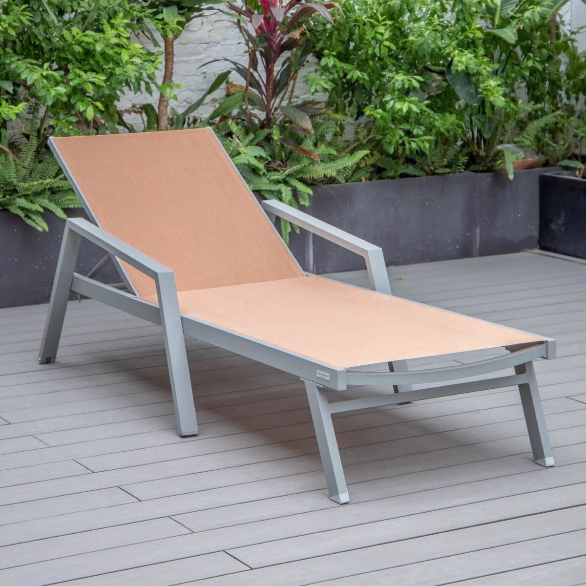 Marlin Modern Grey Aluminum Outdoor Chaise Lounge Chair Set of 2 With Arms and Square Fire Pit Side Table for Patio