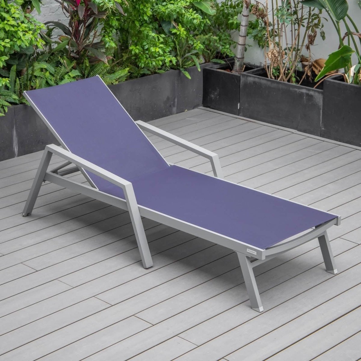 Marlin Modern Grey Aluminum Outdoor Chaise Lounge Chair Set of 2 With Arms and Square Fire Pit Side Table for Patio