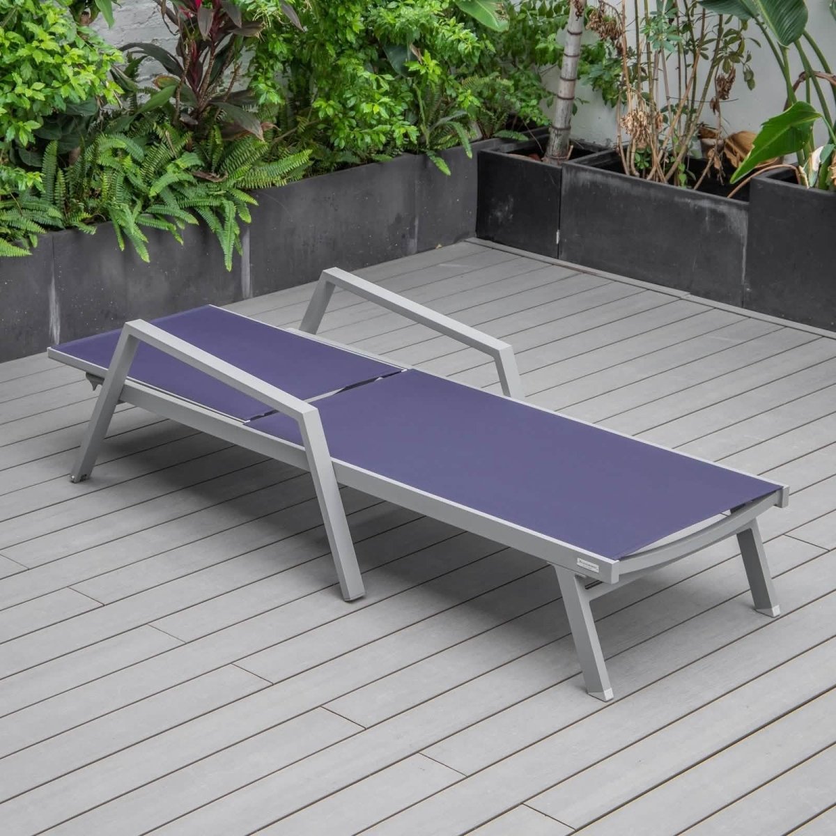 Marlin Modern Grey Aluminum Outdoor Chaise Lounge Chair Set of 2 With Arms and Square Fire Pit Side Table for Patio