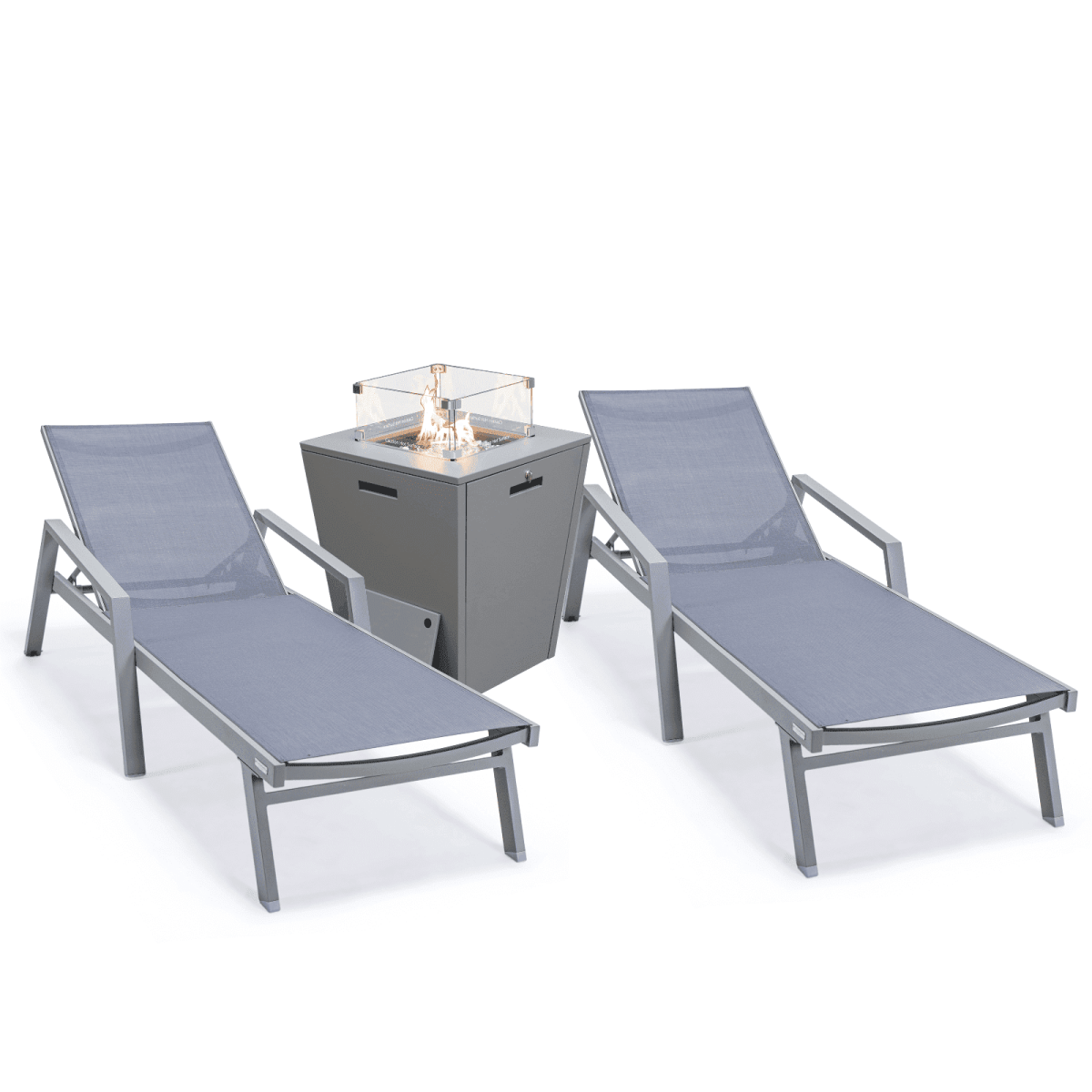 Marlin Modern Grey Aluminum Outdoor Chaise Lounge Chair Set of 2 With Arms and Square Fire Pit Side Table for Patio