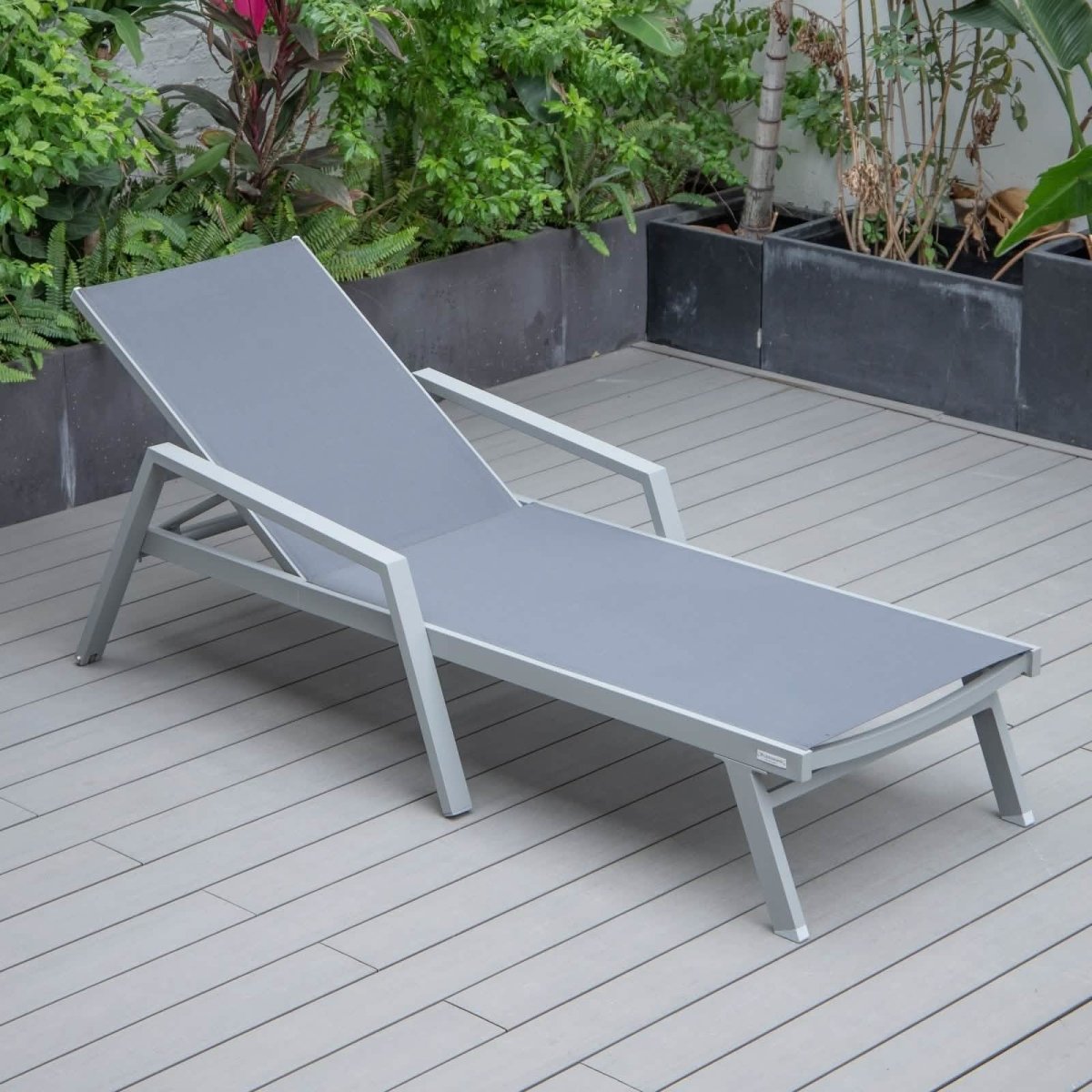 Marlin Modern Grey Aluminum Outdoor Chaise Lounge Chair Set of 2 With Arms and Square Fire Pit Side Table for Patio
