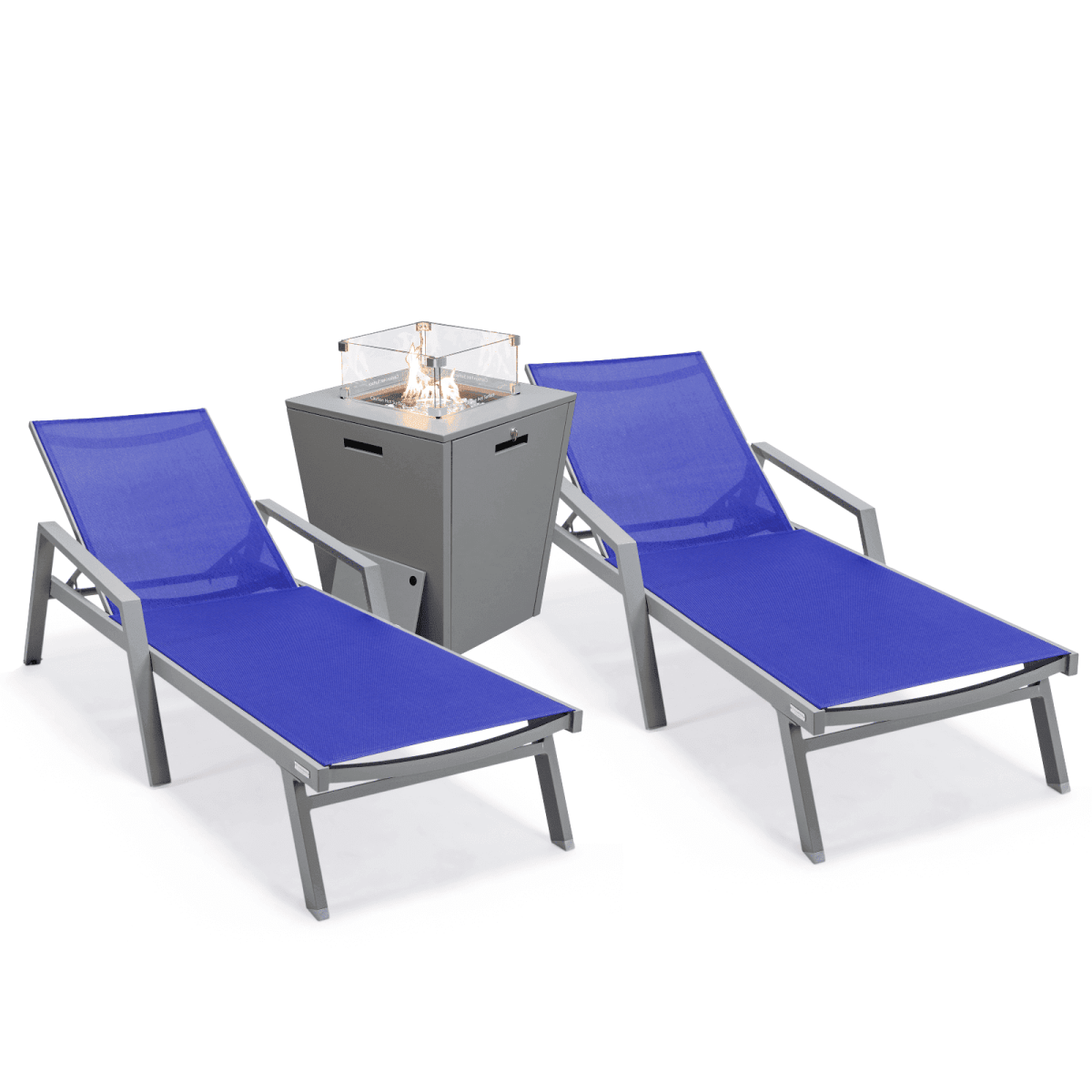 Marlin Modern Grey Aluminum Outdoor Chaise Lounge Chair Set of 2 With Arms and Square Fire Pit Side Table for Patio