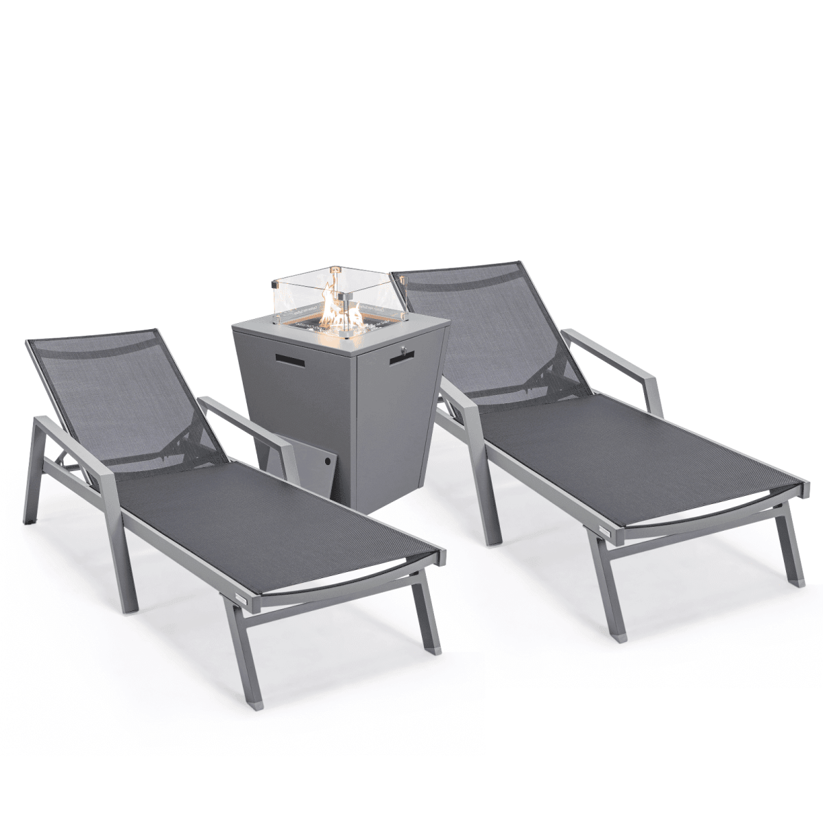 Marlin Modern Grey Aluminum Outdoor Chaise Lounge Chair Set of 2 With Arms and Square Fire Pit Side Table for Patio