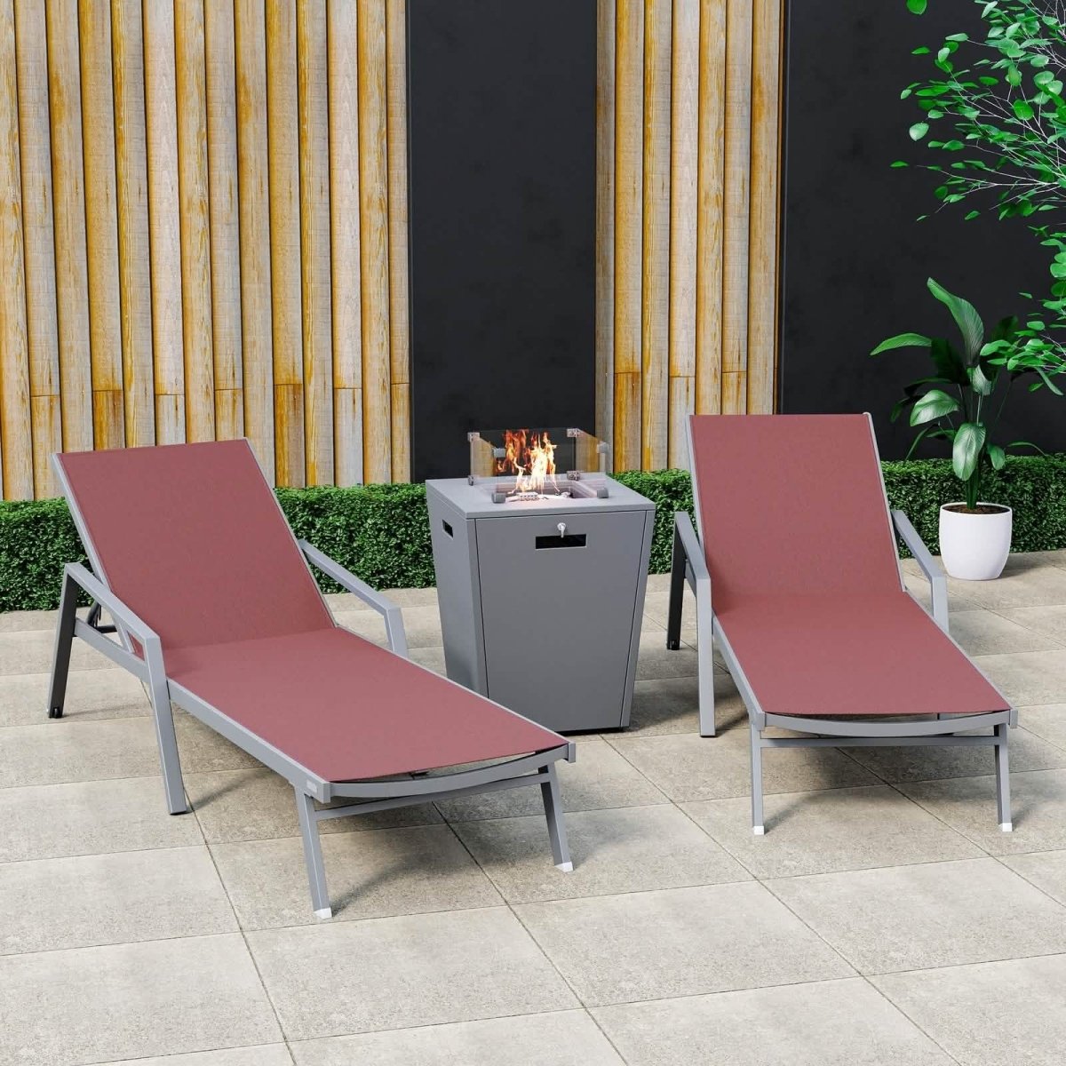 Marlin Modern Grey Aluminum Outdoor Chaise Lounge Chair Set of 2 With Arms and Square Fire Pit Side Table for Patio