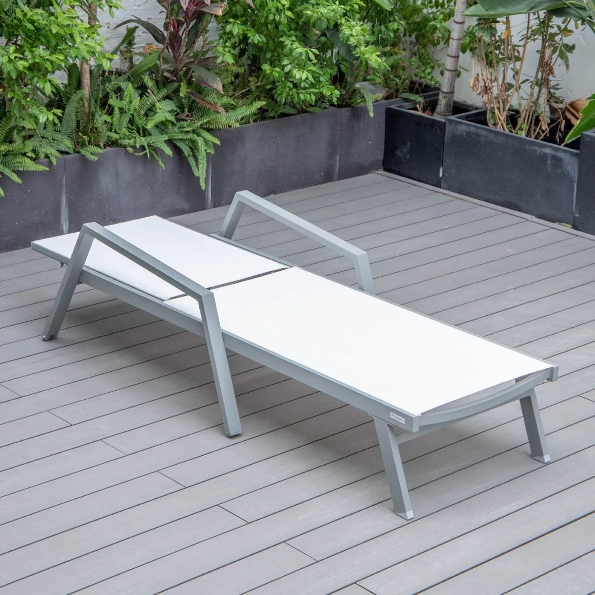 Marlin Modern Grey Aluminum Outdoor Chaise Lounge Chair Set of 2 With Arms and Square Fire Pit Side Table for Patio