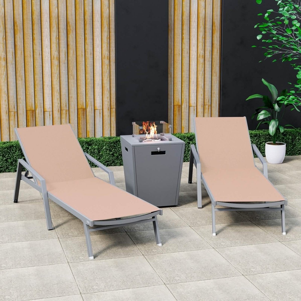 Marlin Modern Grey Aluminum Outdoor Chaise Lounge Chair Set of 2 With Arms and Square Fire Pit Side Table for Patio
