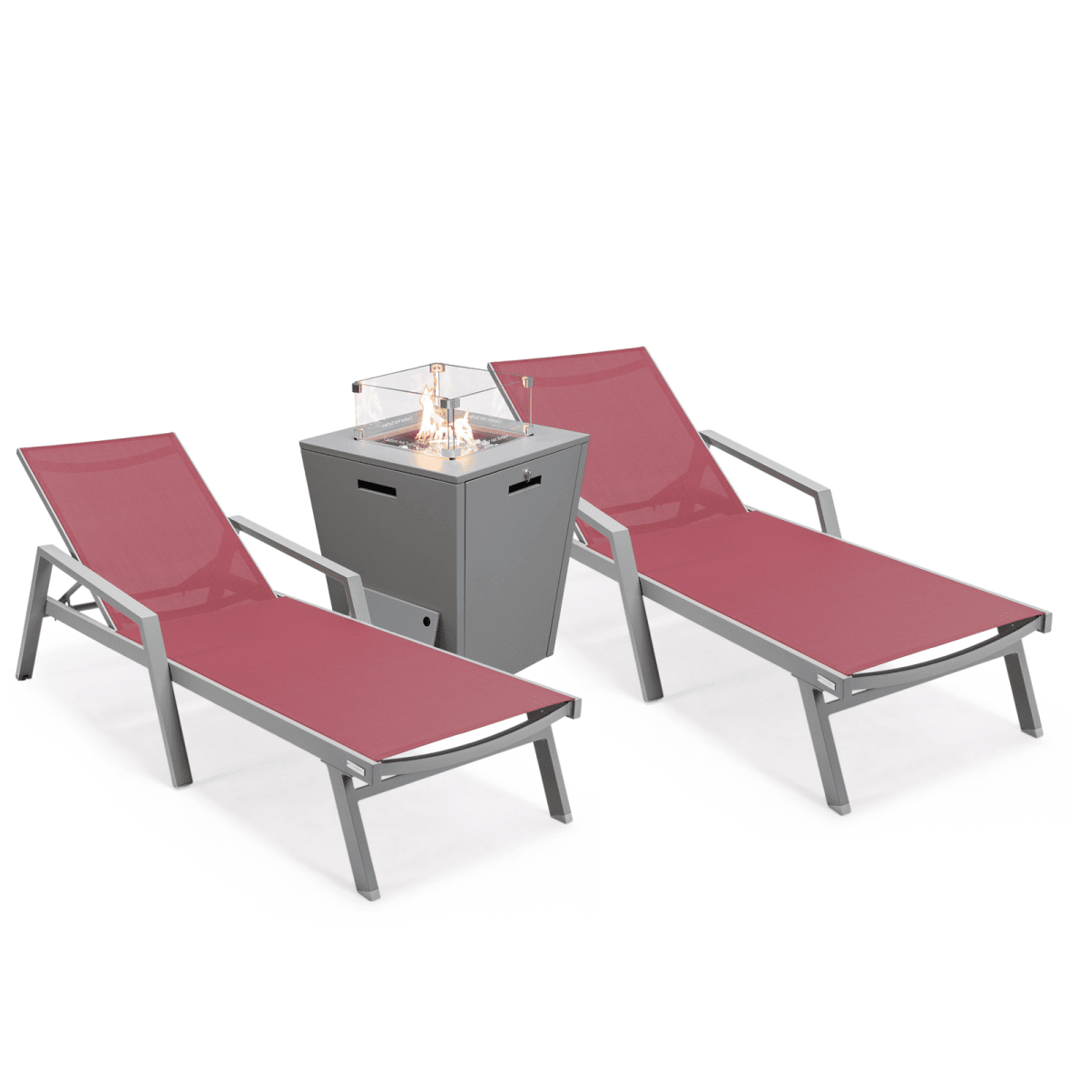 Marlin Modern Grey Aluminum Outdoor Chaise Lounge Chair Set of 2 With Arms and Square Fire Pit Side Table for Patio