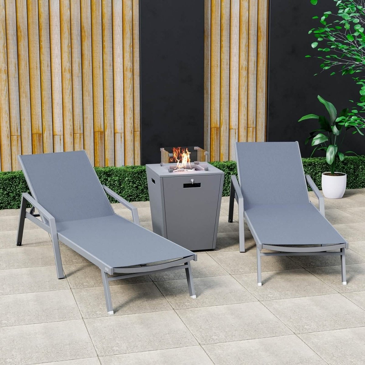 Marlin Modern Grey Aluminum Outdoor Chaise Lounge Chair Set of 2 With Arms and Square Fire Pit Side Table for Patio
