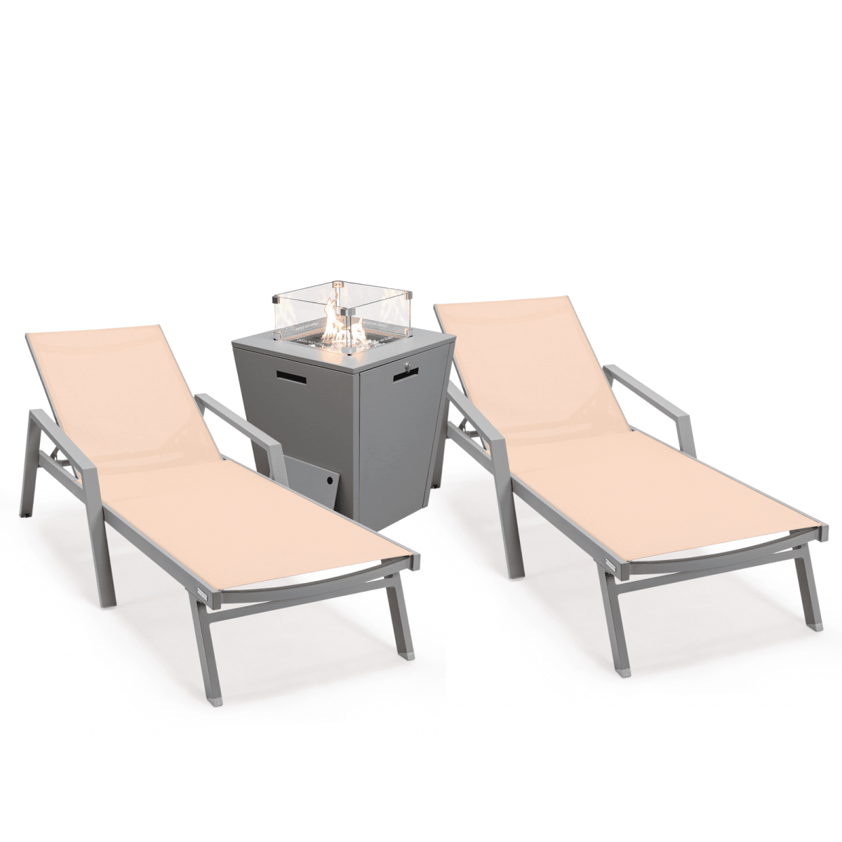 Marlin Modern Grey Aluminum Outdoor Chaise Lounge Chair Set of 2 With Arms and Square Fire Pit Side Table for Patio