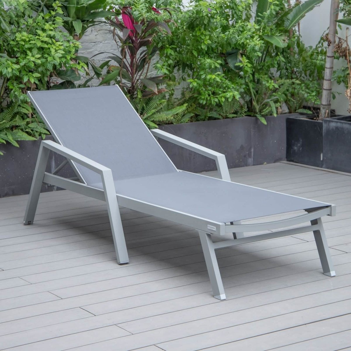 Marlin Modern Grey Aluminum Outdoor Chaise Lounge Chair Set of 2 With Arms and Square Fire Pit Side Table for Patio