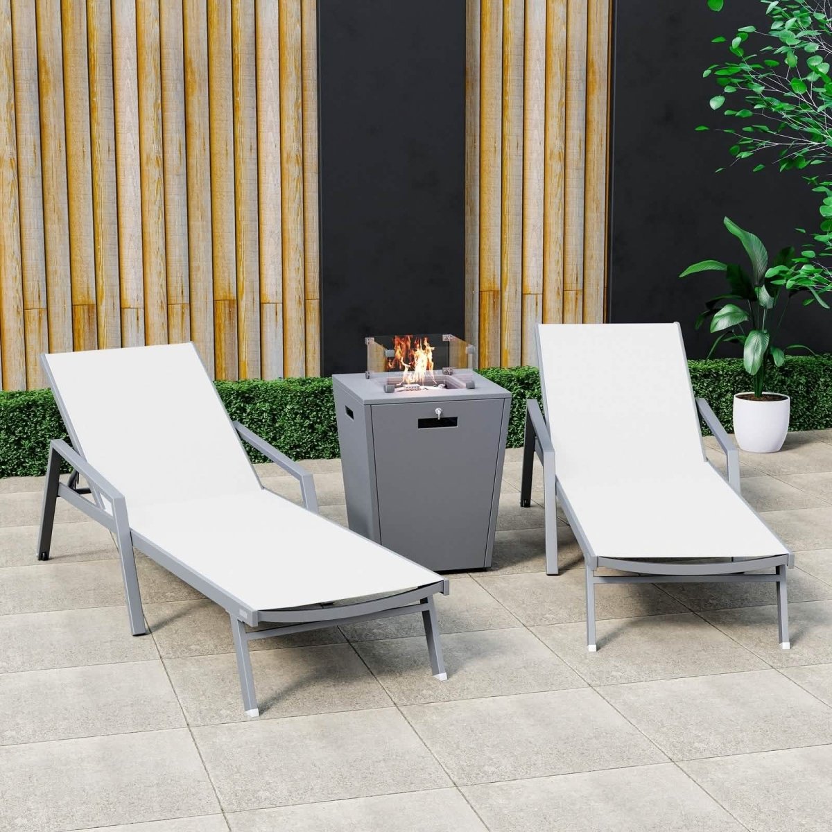 Marlin Modern Grey Aluminum Outdoor Chaise Lounge Chair Set of 2 With Arms and Square Fire Pit Side Table for Patio