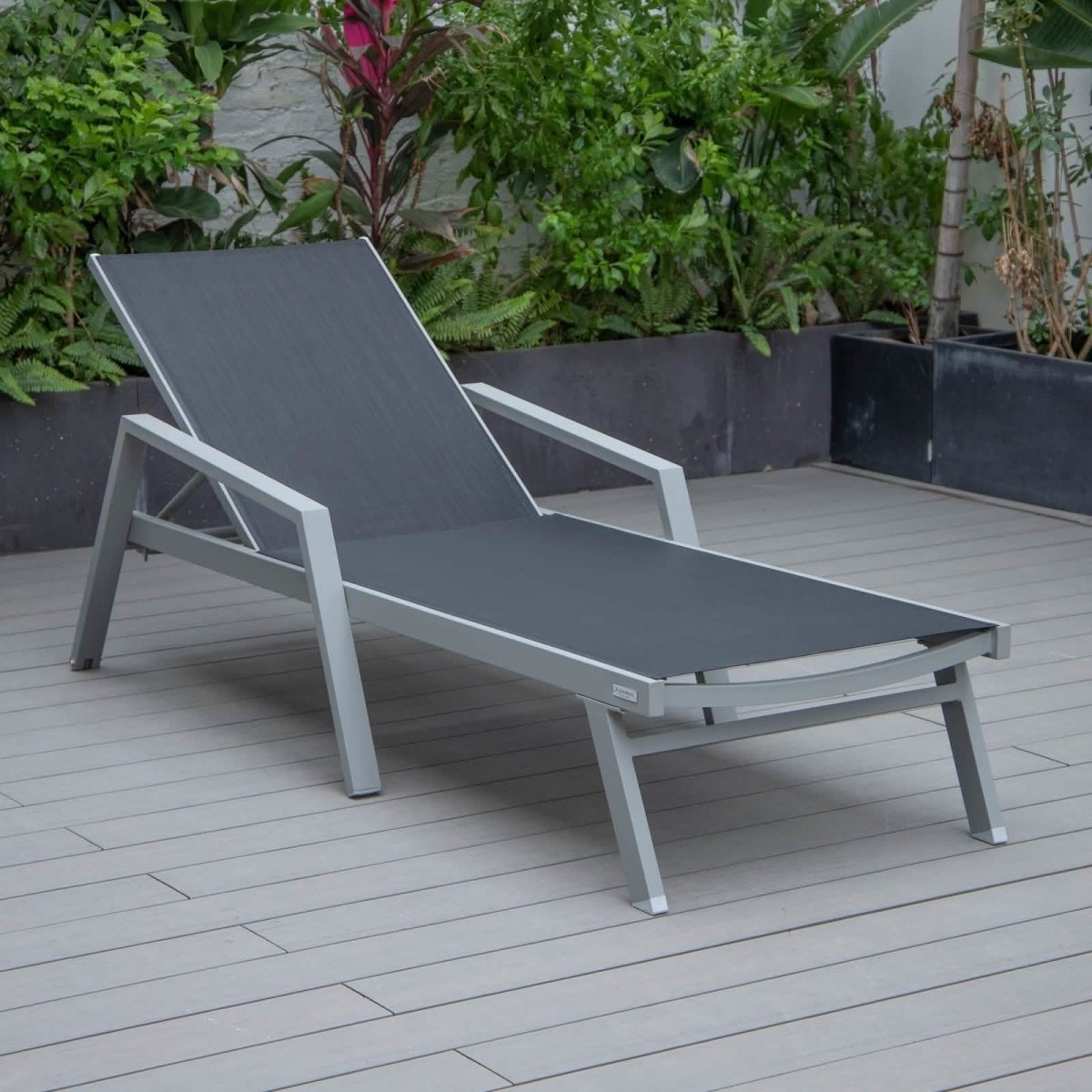 Marlin Modern Grey Aluminum Outdoor Chaise Lounge Chair Set of 2 With Arms and Square Fire Pit Side Table for Patio