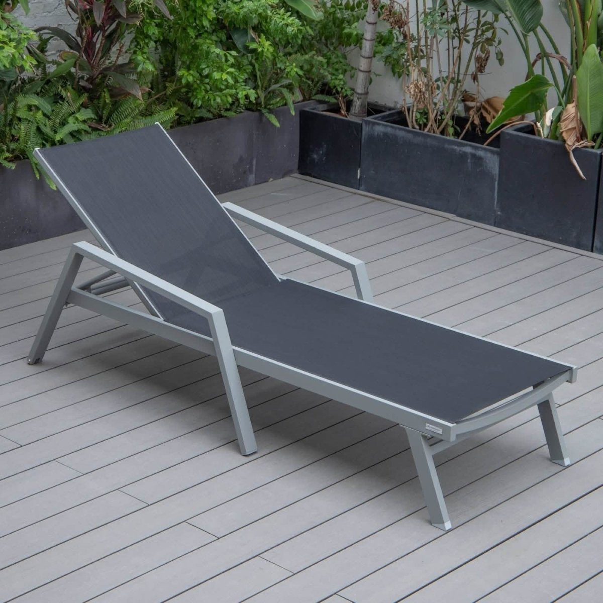 Marlin Modern Grey Aluminum Outdoor Chaise Lounge Chair Set of 2 With Arms and Square Fire Pit Side Table for Patio