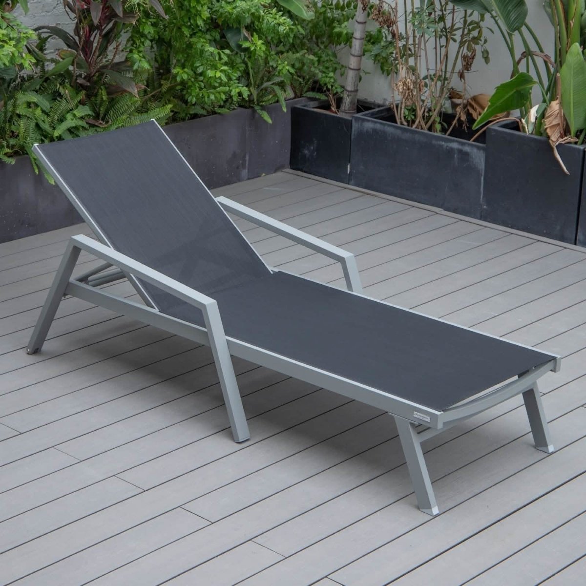 Marlin Modern Grey Aluminum Outdoor Chaise Lounge Chair Set of 2 With Arms and Square Fire Pit Side Table for Patio