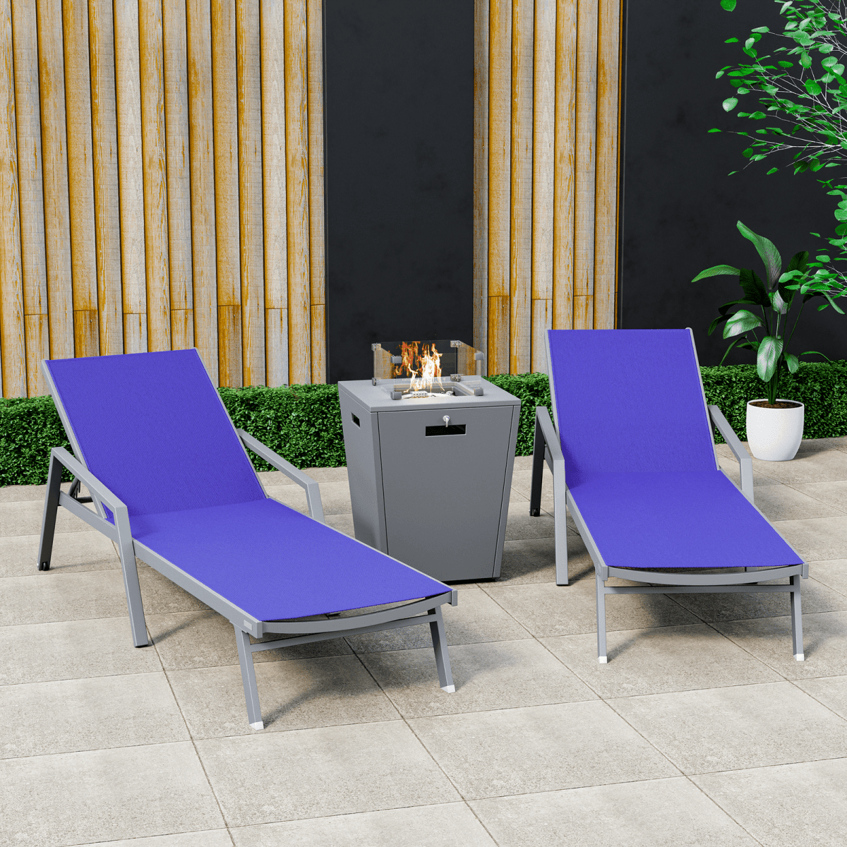 Marlin Modern Grey Aluminum Outdoor Chaise Lounge Chair Set of 2 With Arms and Square Fire Pit Side Table for Patio