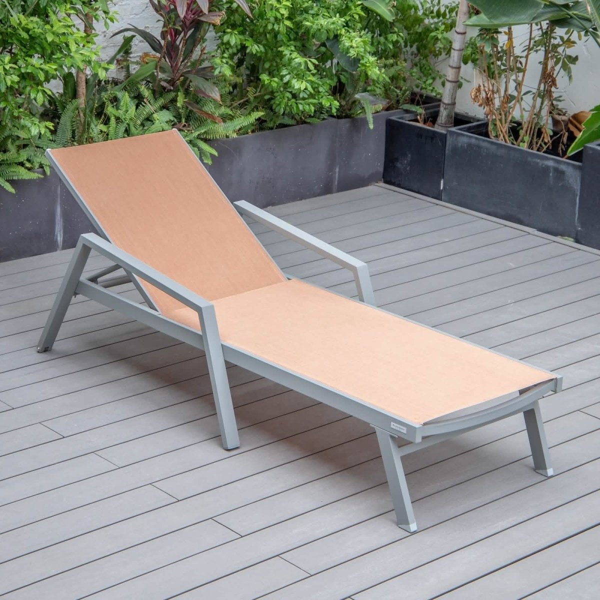 Marlin Modern Grey Aluminum Outdoor Chaise Lounge Chair Set of 2 With Arms and Square Fire Pit Side Table for Patio