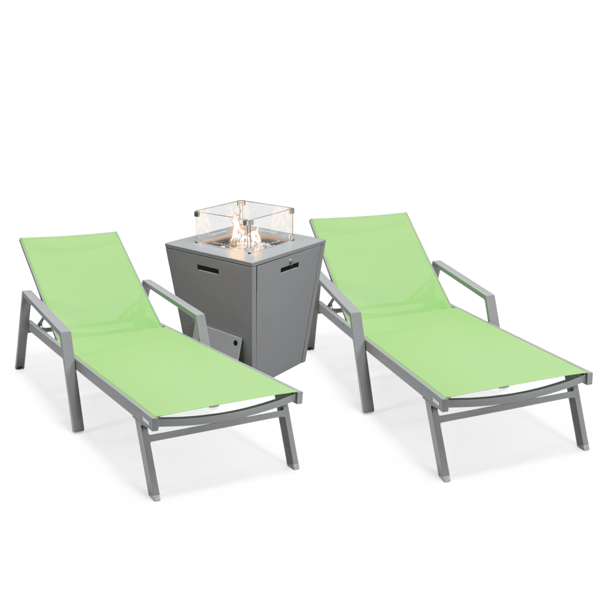 Marlin Modern Grey Aluminum Outdoor Chaise Lounge Chair Set of 2 With Arms and Square Fire Pit Side Table for Patio