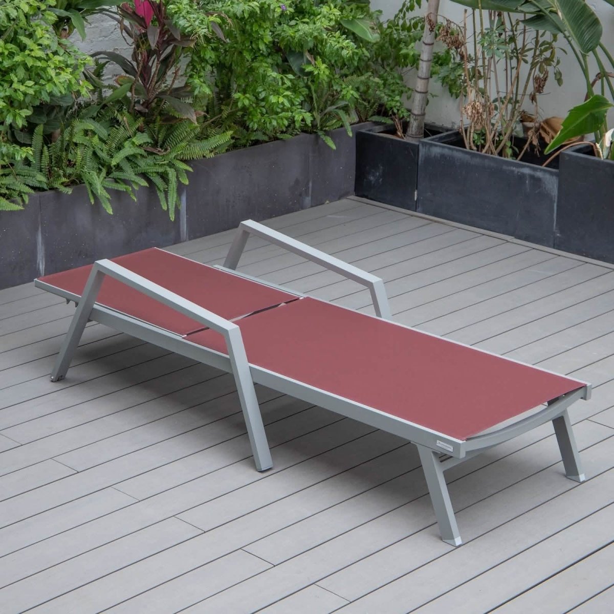 Marlin Modern Grey Aluminum Outdoor Chaise Lounge Chair Set of 2 With Arms and Square Fire Pit Side Table for Patio