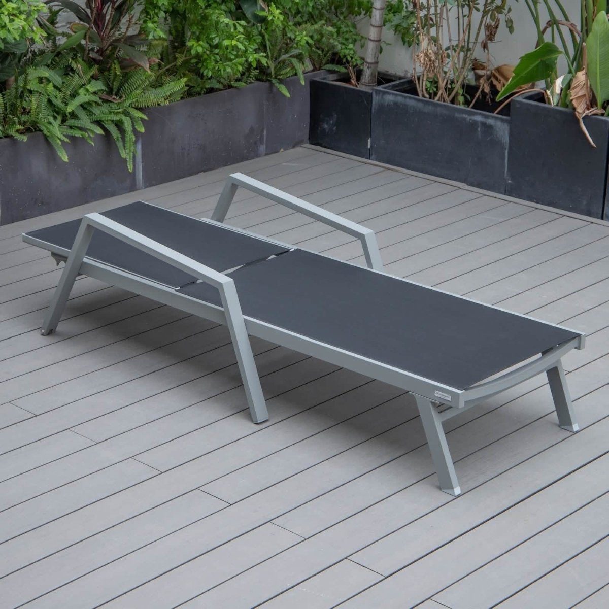 Marlin Modern Grey Aluminum Outdoor Chaise Lounge Chair Set of 2 With Arms and Square Fire Pit Side Table for Patio