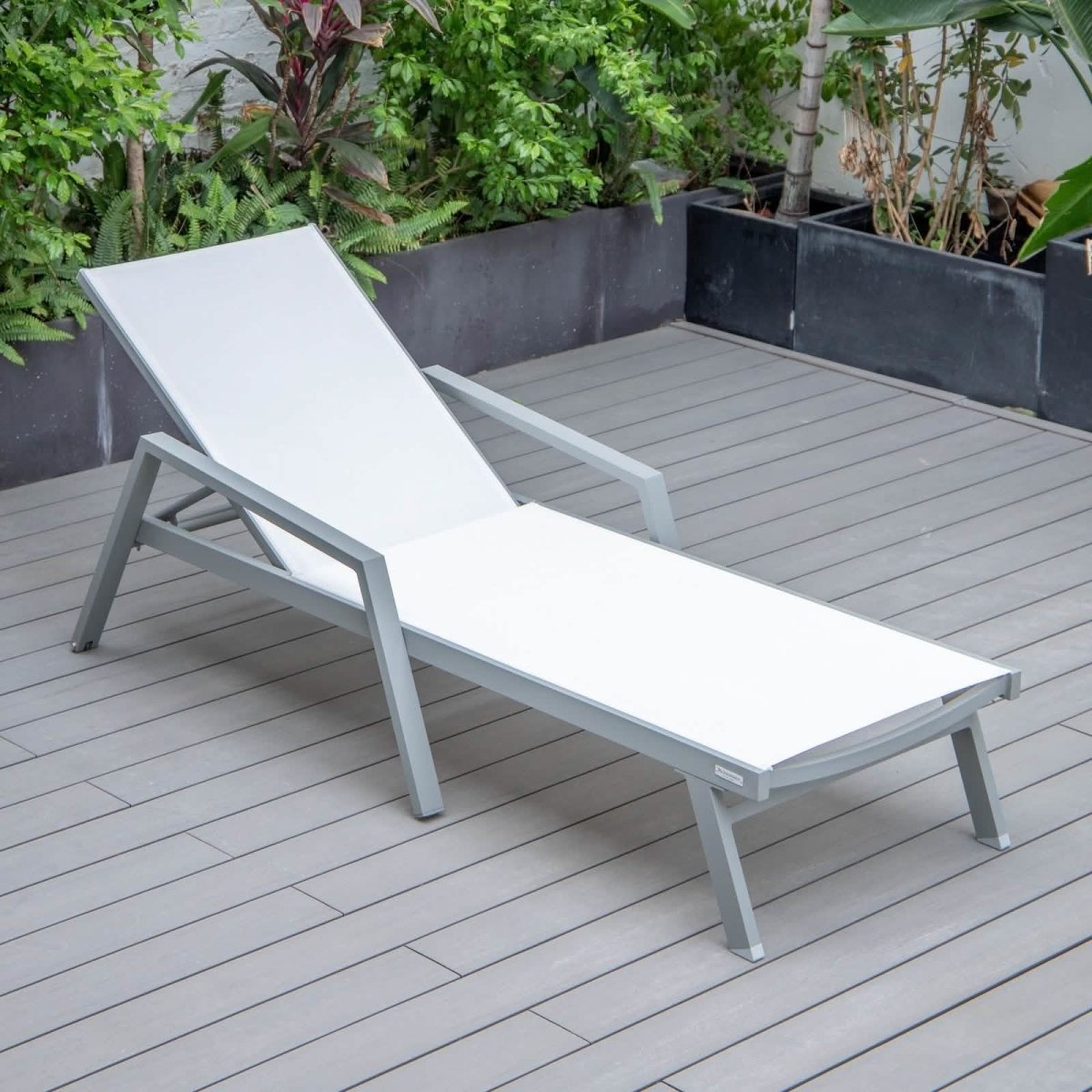 Marlin Modern Grey Aluminum Outdoor Chaise Lounge Chair Set of 2 With Arms and Square Fire Pit Side Table for Patio