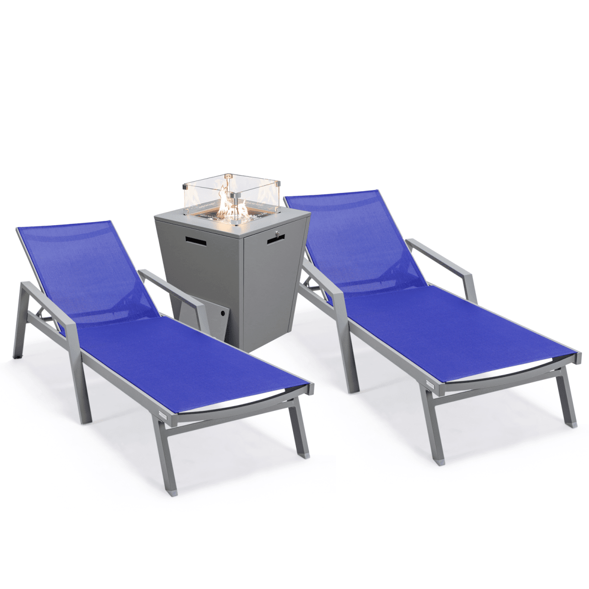Marlin Modern Grey Aluminum Outdoor Chaise Lounge Chair Set of 2 With Arms and Square Fire Pit Side Table for Patio