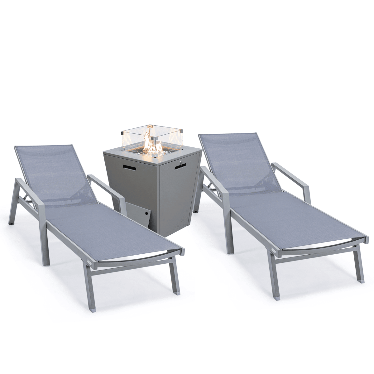 Marlin Modern Grey Aluminum Outdoor Chaise Lounge Chair Set of 2 With Arms and Square Fire Pit Side Table for Patio
