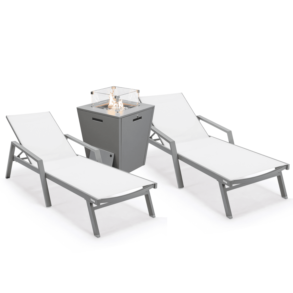Marlin Modern Grey Aluminum Outdoor Chaise Lounge Chair Set of 2 With Arms and Square Fire Pit Side Table for Patio