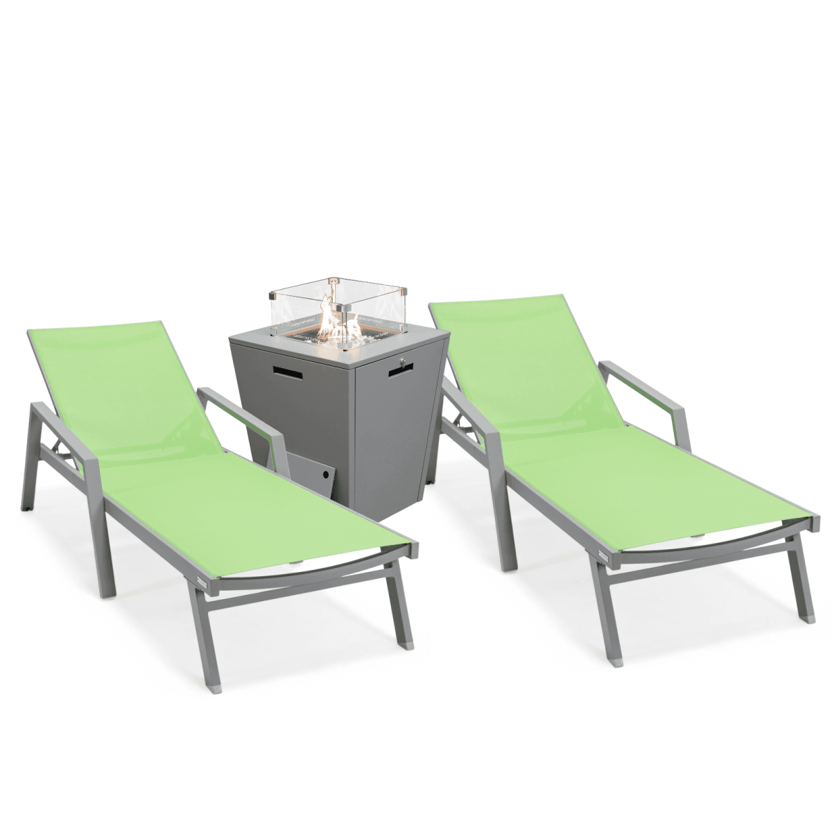 Marlin Modern Grey Aluminum Outdoor Chaise Lounge Chair Set of 2 With Arms and Square Fire Pit Side Table for Patio